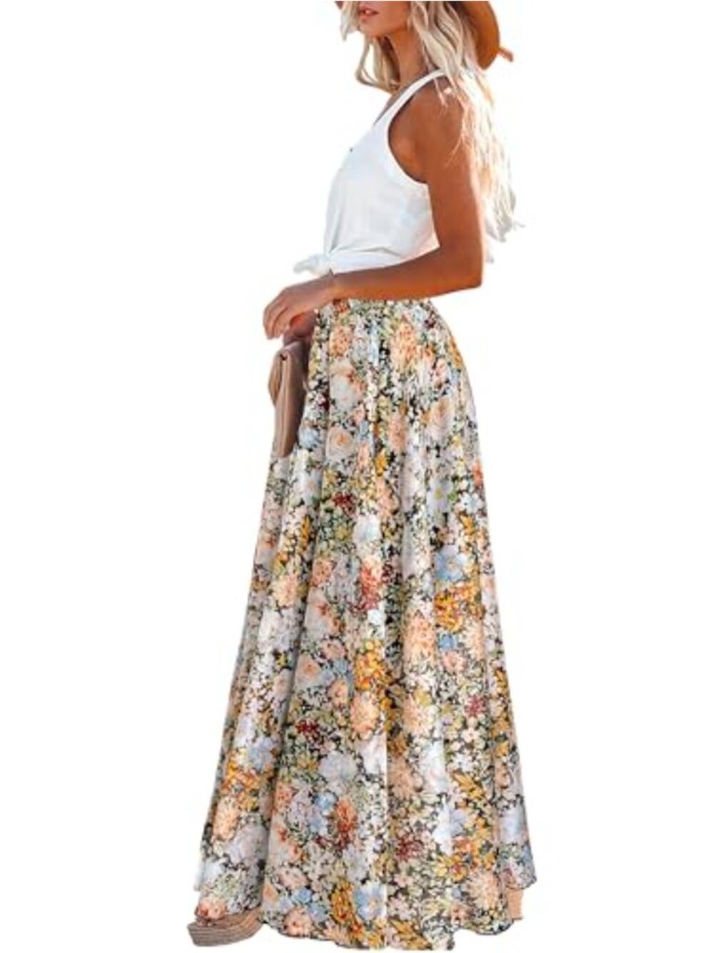 Afibi Women Floral Print Pleated Vintage Chiffon Long Maxi Skirt - Picture 2 of 3